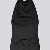 Fitted halterneck top without sleeves. Parissamd top has draped details at the front and an open back.