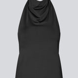 Fitted halterneck top without sleeves. Parissamd top has draped details at the front and an open back.