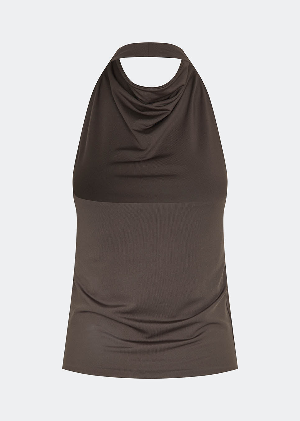 Fitted halterneck top without sleeves. Parissamd top has draped details at the front and an open back. The model is 175 cm and wears a size S/36.