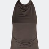 Fitted halterneck top without sleeves. Parissamd top has draped details at the front and an open back. The model is 175 cm and wears a size S/36.