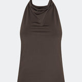 Fitted halterneck top without sleeves. Parissamd top has draped details at the front and an open back. The model is 175 cm and wears a size S/36.