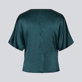 Dark green satin top with a waterfall detail. Parveenmd top is fitted and has short sleeves.&nbsp;
