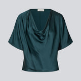 Dark green satin top with a waterfall detail. Parveenmd top is fitted and has short sleeves.&nbsp;
