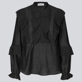 Black Shirt with ruffle details and a front opening. Phungmd shirt has a loose fit and flowy sleeves.