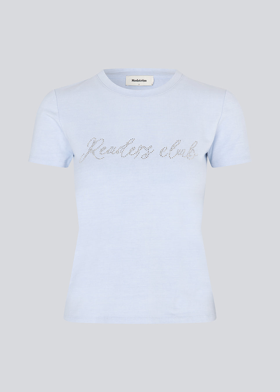 Fitted T-shirt with rhinestone print in organic cotton. Plaimamd print shirt is slightly cropped and has a round neck. The model is 175 cm and wears a size s/36.