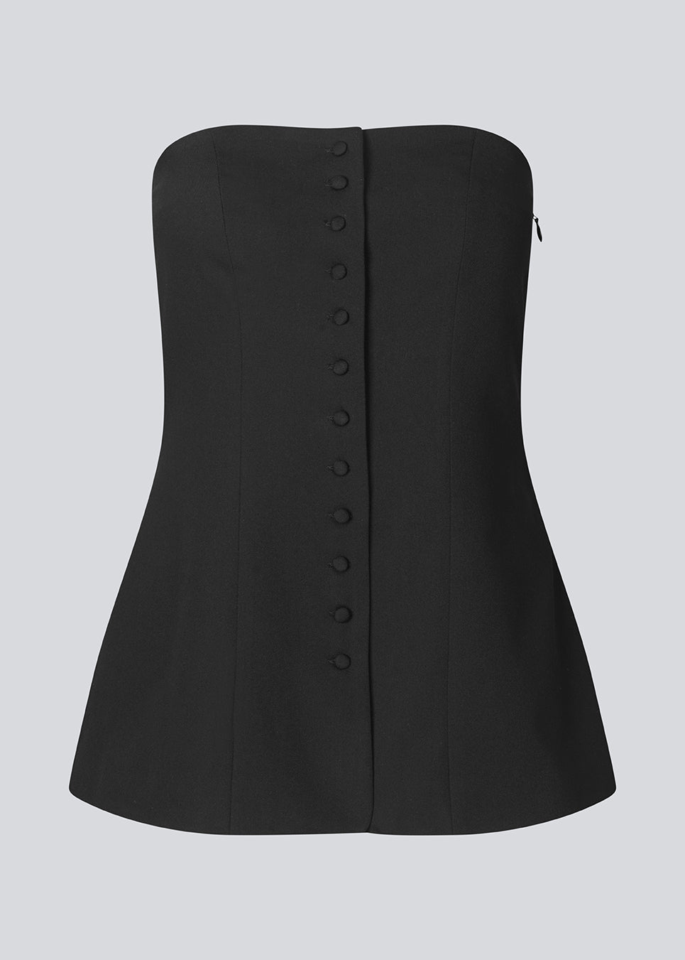 Black corset top with button details. The Ridermd top features a smocked back and invisible zipper – a flattering and timeless piece.