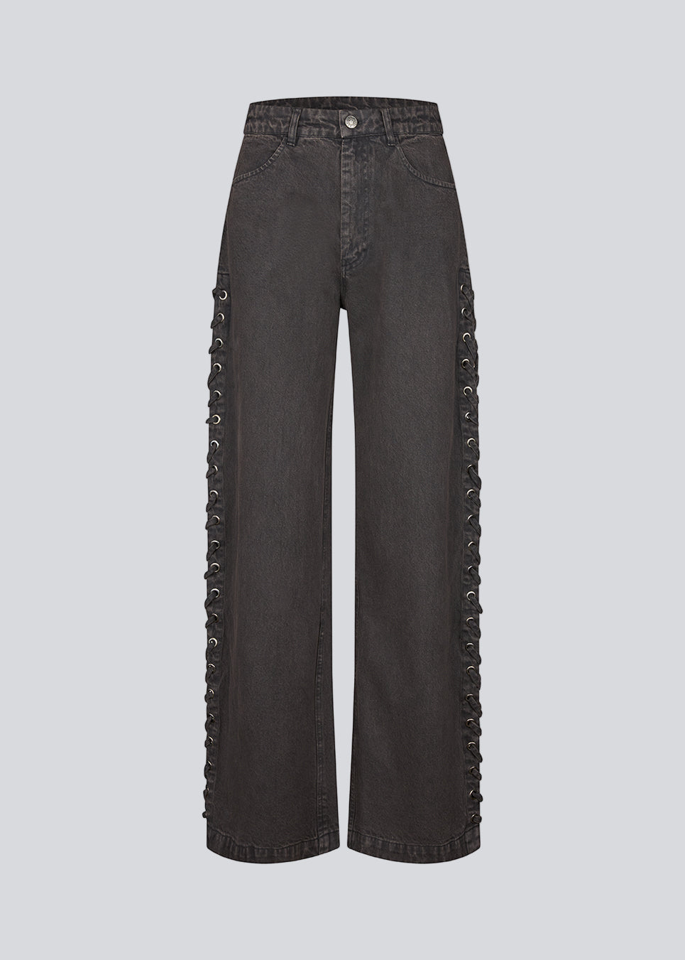 Light black/grey Jeans with wide legs. The Riyamd pants feature a high waist and decorative details along the legs – giving them a cool and edgy look.
