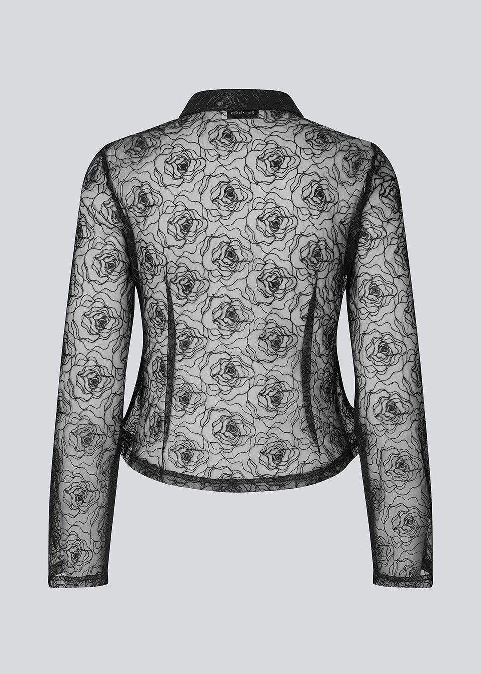 Black fitted shirt in sheer material. The Roccomd shirt features a classic collar and button closure with beautifully stitched rose embroidery – both feminine and stylish.