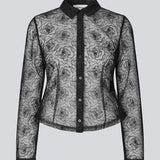 Black fitted shirt in sheer material. The Roccomd shirt features a classic collar and button closure with beautifully stitched rose embroidery – both feminine and stylish.