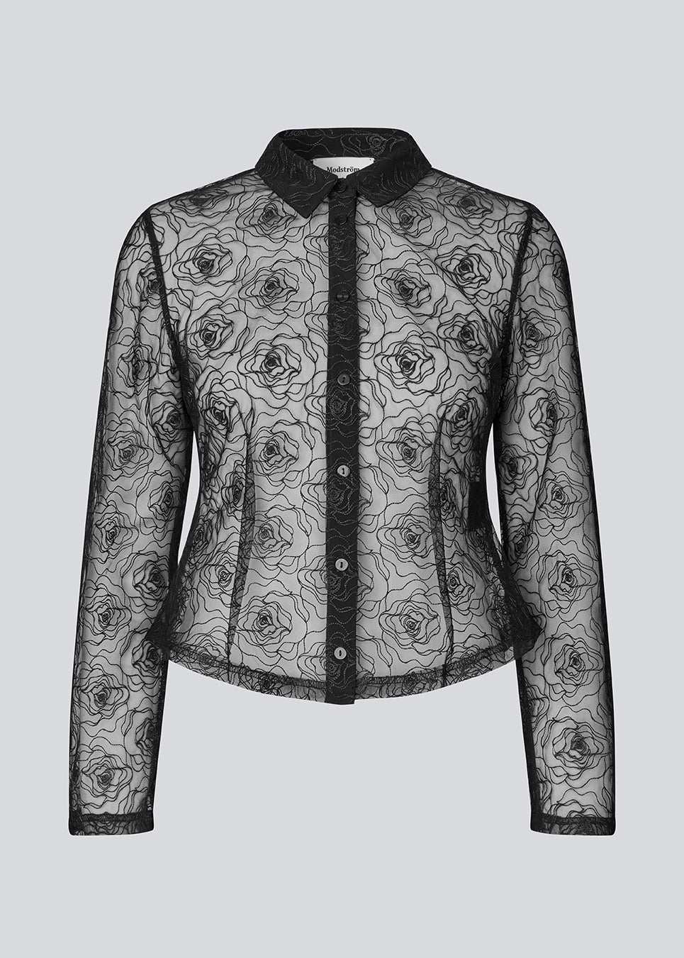 Black fitted shirt in sheer material. The Roccomd shirt features a classic collar and button closure with beautifully stitched rose embroidery – both feminine and stylish.