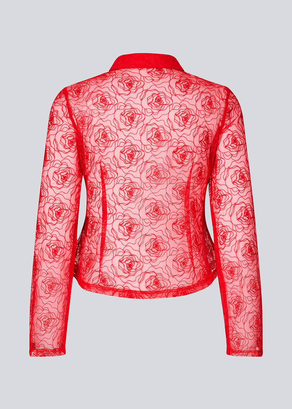Red fitted shirt in sheer material. The Roccomd shirt features a classic collar and button closure with beautifully stitched rose embroidery – both feminine and stylish.