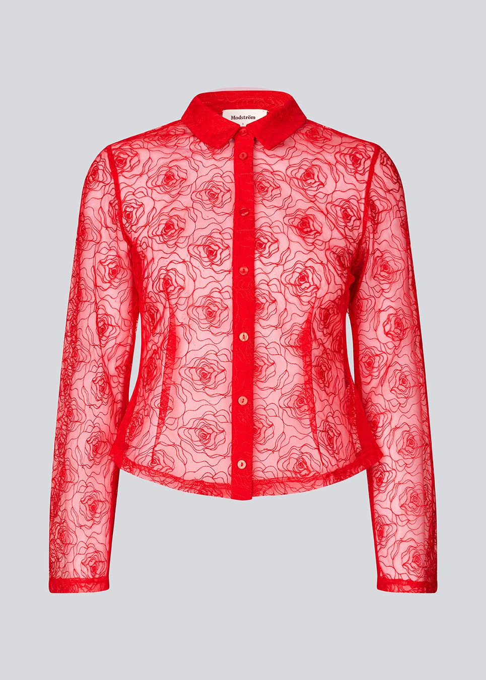 Red fitted shirt in sheer material. The Roccomd shirt features a classic collar and button closure with beautifully stitched rose embroidery – both feminine and stylish.