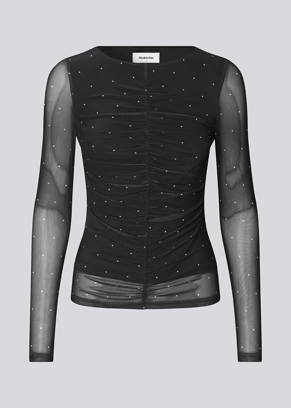 Long-sleeved mesh top with polka dots. The Samalamd print top has a scrunch detail on the front and a sewn-on undershirt for a non-see-through look. Made from 92% recycled polyester. Perfect for both everyday and special occasions.