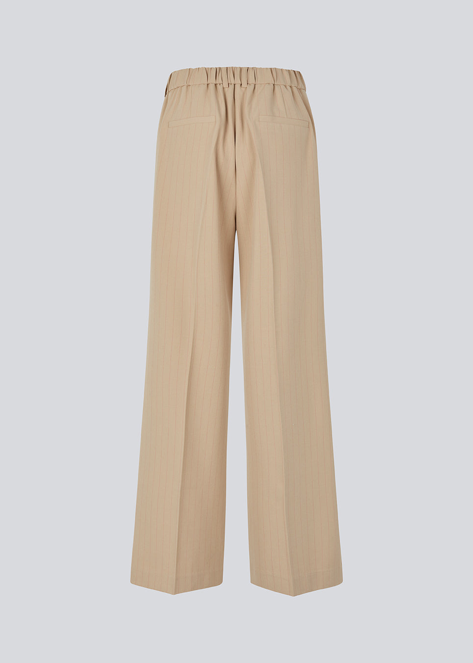 Wide-leg beige suit trousers with pink pinstripes. Sarahmd pants have press pleats, belt loops, zipper and elastic at the back waist for optimal comfort and style.
