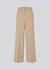 Wide-leg beige suit trousers with pink pinstripes. Sarahmd pants have press pleats, belt loops, zipper and elastic at the back waist for optimal comfort and style.