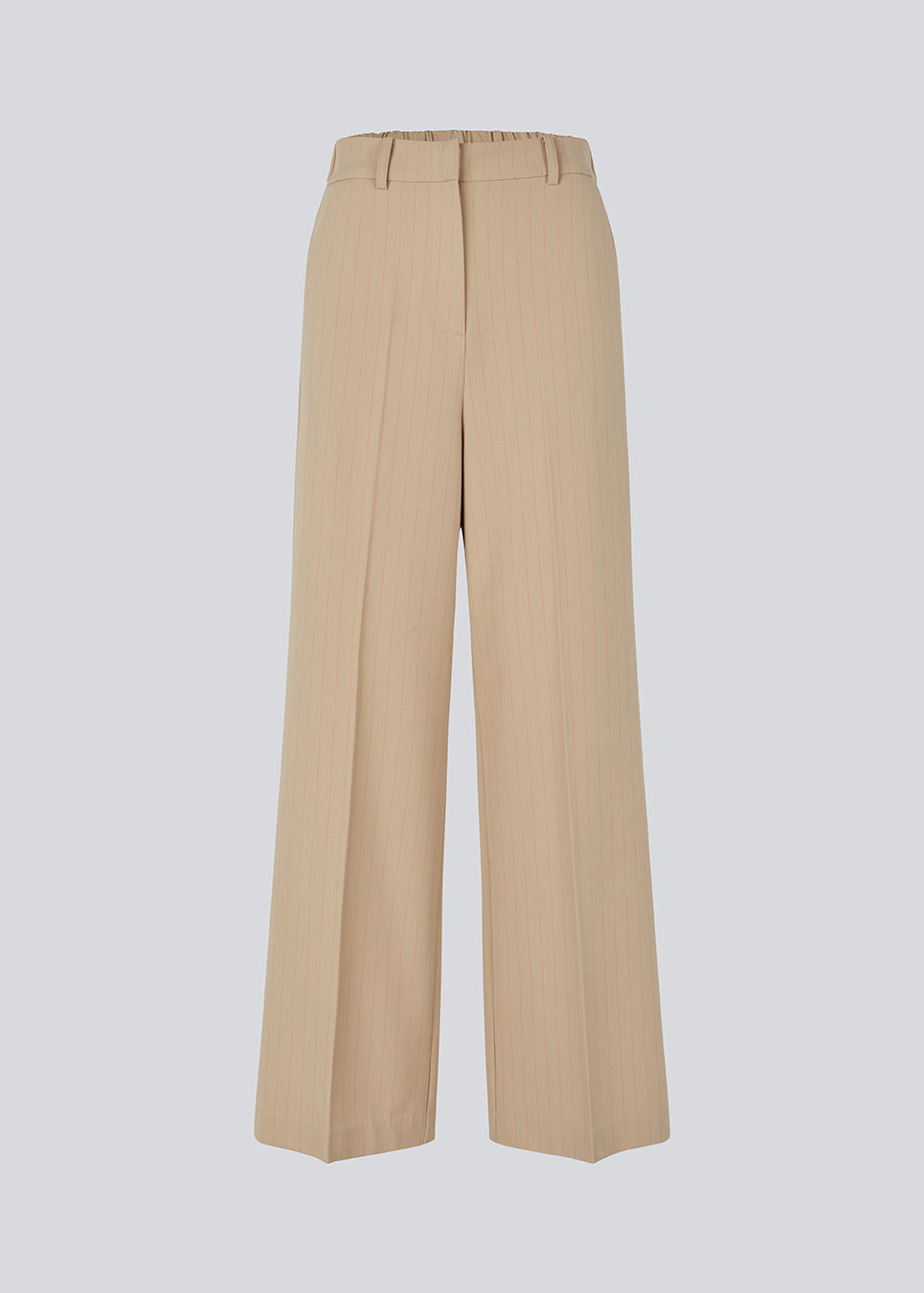 Wide-leg beige suit trousers with pink pinstripes. Sarahmd pants have press pleats, belt loops, zipper and elastic at the back waist for optimal comfort and style.