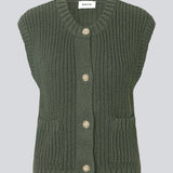 Elegant knitted vest in dark green with a round neckline and decorative buttons at the front. The Scottmd vest is designed in structured knit with ribbed edges, giving a modern and feminine look. Perfect worn on its own or styled over a shirt for a sophisticated layered outfit.
