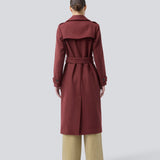 Classic, double-breasted wool coat with collar and notch lapels. ShayMD coat has a wide tiebelt at waist, shoulder straps, wide cuffs and open yoke. With lining and single back vent.