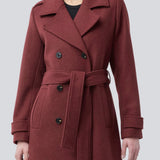 Classic, double-breasted wool coat with collar and notch lapels. ShayMD coat has a wide tiebelt at waist, shoulder straps, wide cuffs and open yoke. With lining and single back vent.