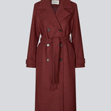 Classic, double-breasted wool coat with collar and notch lapels. ShayMD coat has a wide tiebelt at waist, shoulder straps, wide cuffs and open yoke. With lining and single back vent.