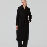 Classic, double-breasted wool coat in black with collar and notch lapels. ShayMD coat has a wide tiebelt at waist, shoulder straps, wide cuffs and open yoke. With lining and single back vent.