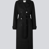 Classic, double-breasted wool coat in black with collar and notch lapels. ShayMD coat has a wide tiebelt at waist, shoulder straps, wide cuffs and open yoke. With lining and single back vent.