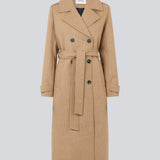 Classic, double-breasted wool coat with collar and notch lapels. ShayMD coat, in the color Brown Sugar, has a wide tiebelt at waist, shoulder straps, wide cuffs and open yoke. With lining and single back vent.