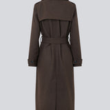 Brown classic, double-breasted wool coat with collar and notch lapels. ShayMD coat, in the color Dark Coffee, has a wide tiebelt at waist, shoulder straps, wide cuffs and open yoke. With lining and single back vent.