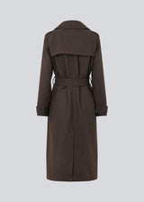 Classic, double-breasted wool coat with collar and notch lapels. ShayMD coat, in the color Dark Coffee, has a wide tiebelt at waist, shoulder straps, wide cuffs and open yoke. With lining and single back vent.