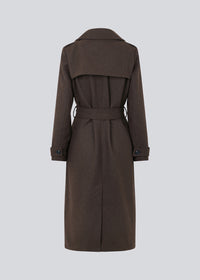 Brown classic, double-breasted wool coat with collar and notch lapels. ShayMD coat, in the color Dark Coffee, has a wide tiebelt at waist, shoulder straps, wide cuffs and open yoke. With lining and single back vent.