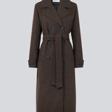 Brown classic, double-breasted wool coat with collar and notch lapels. ShayMD coat, in the color Dark Coffee, has a wide tiebelt at waist, shoulder straps, wide cuffs and open yoke. With lining and single back vent.