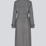 Classic, double-breasted wool coat in grey with collar and notch lapels. ShayMD coat has a wide tiebelt at waist, shoulder straps, wide cuffs and open yoke. With lining and single back vent.