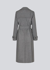 Classic, double-breasted wool coat in grey with collar and notch lapels. ShayMD coat has a wide tiebelt at waist, shoulder straps, wide cuffs and open yoke. With lining and single back vent.