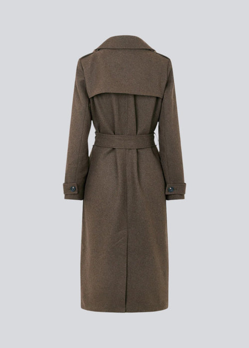 Classic, double-breasted wool coat in a brown color with collar and notch lapels. ShayMD coat has a wide tiebelt at waist, shoulder straps, wide cuffs and open yoke. With lining and single back vent.