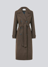 Classic, double-breasted wool coat in a brown color with collar and notch lapels. ShayMD coat has a wide tiebelt at waist, shoulder straps, wide cuffs and open yoke. With lining and single back vent.