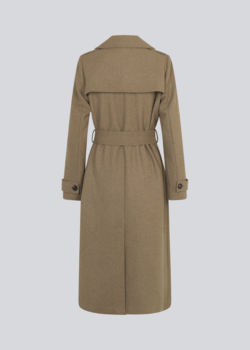 Classic, double-breasted wool coat with collar and notch lapels. ShayMD coat, in the color Spring Stone, has a wide tiebelt at waist, shoulder straps, wide cuffs and open yoke. With lining and single back vent.