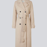 Classic, double-breasted wool coat in beige with collar and notch lapels. ShayMD coat has a wide tiebelt at waist, shoulder straps, wide cuffs and open yoke. With lining and single back vent.