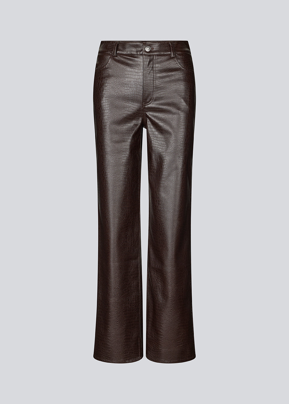 Faux leather trousers in dark brown with crocodile print. Sixstenmd pants have straight legs, pockets, belt loops and hidden zipper. A cool pair of trousers that will give your outfit plenty of edge.