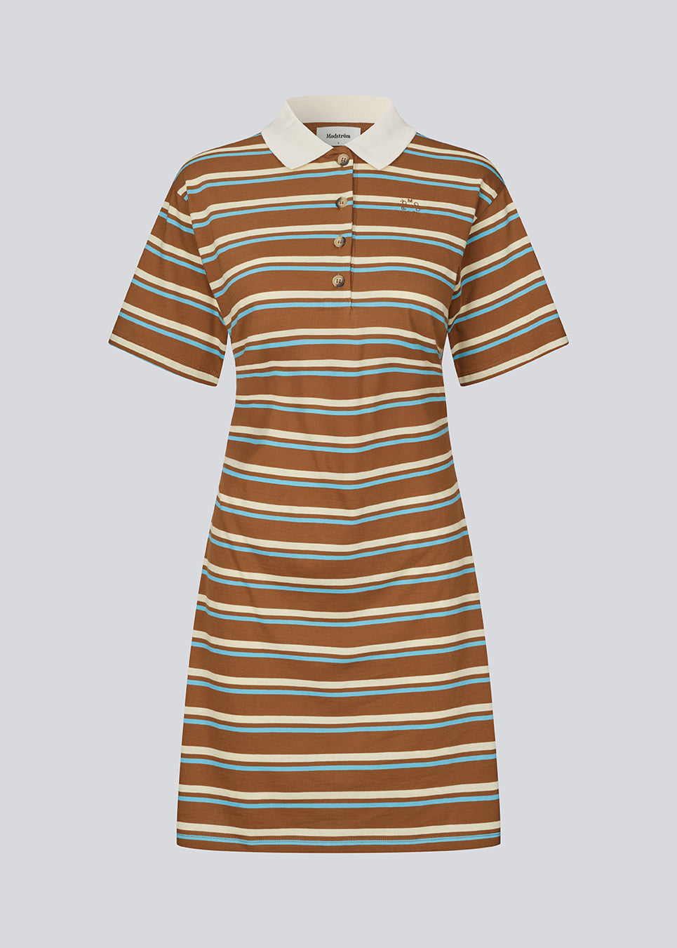 Short-sleeve polo dress with stripes. The StetsonMD Polo Dress is fitted and short with wide sleeves. It features a collar, buttons, and a subtle chest logo, creating a sporty and stylish look.