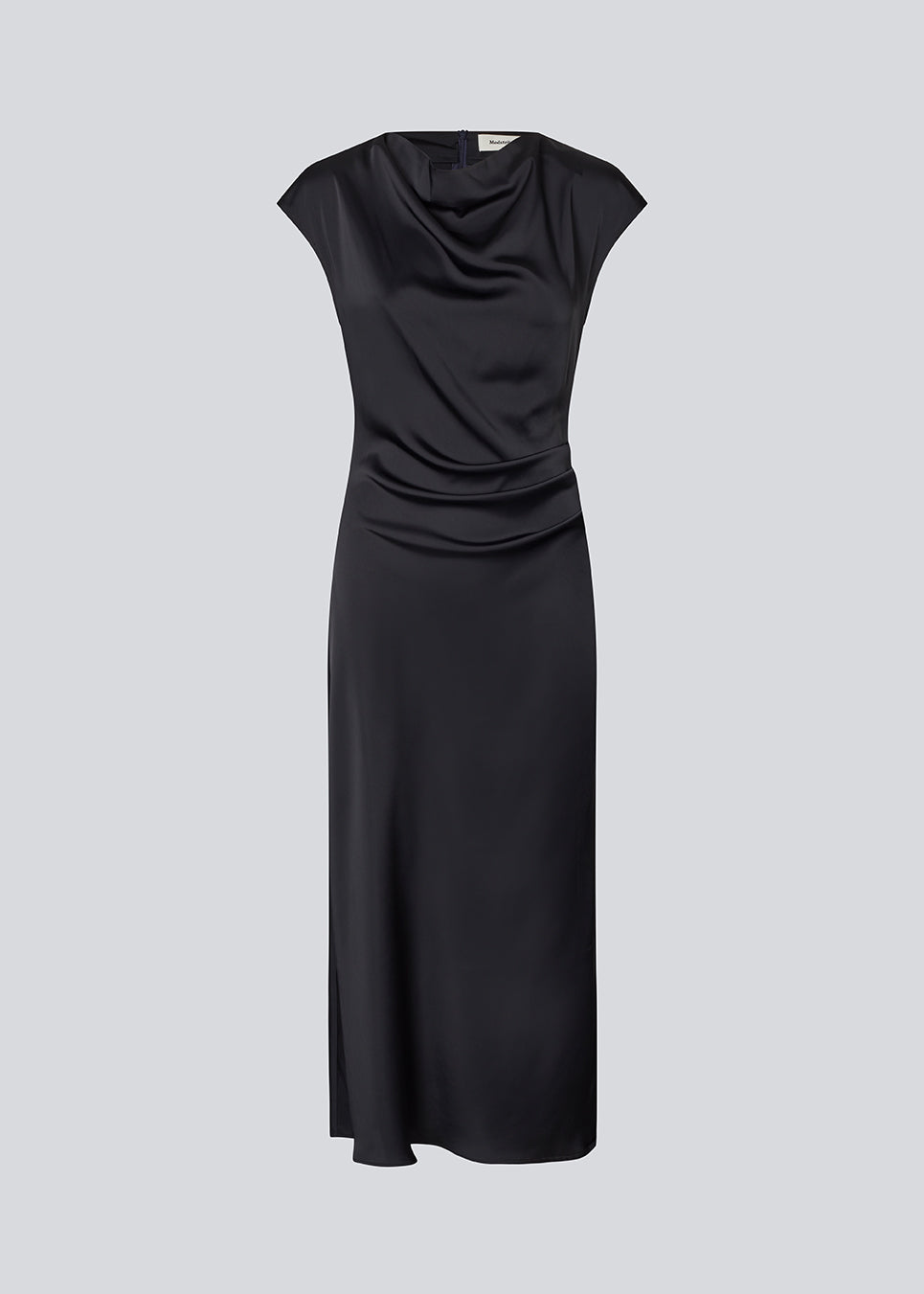 Dark blue Sleeveless maxi dress with pleats in the side. TailorMD dress is made in satin and has a high neck, invisible zipper in the back and a slit in the side seam.