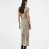 Long sleeveless satin dress with ruched detailing. The TailorMD Lace Dress features lace accents, a high neckline, an invisible back zipper, and a side slit. 