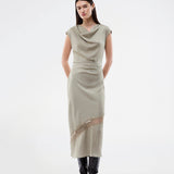 Long sleeveless satin dress with ruched detailing. The TailorMD Lace Dress features lace accents, a high neckline, an invisible back zipper, and a side slit. 