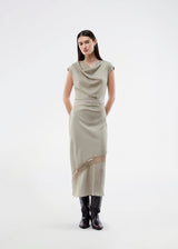 Long sleeveless satin dress with ruched detailing. The TailorMD Lace Dress features lace accents, a high neckline, an invisible back zipper, and a side slit. 