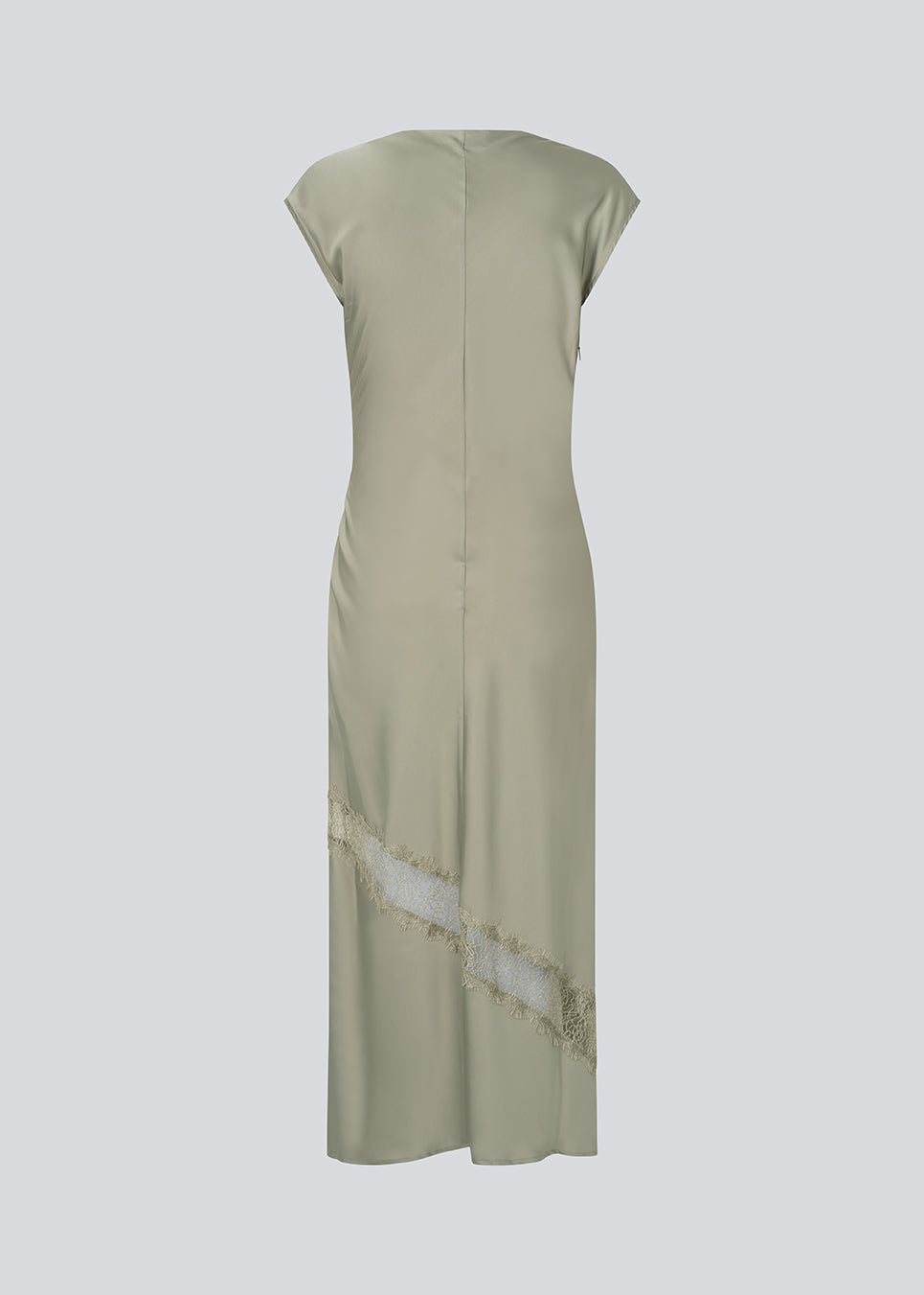 Long sleeveless satin dress with ruched detailing. The TailorMD Lace Dress features lace accents, a high neckline, an invisible back zipper, and a side slit. 