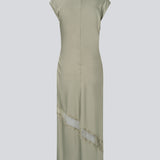 Long sleeveless satin dress with ruched detailing. The TailorMD Lace Dress features lace accents, a high neckline, an invisible back zipper, and a side slit. 