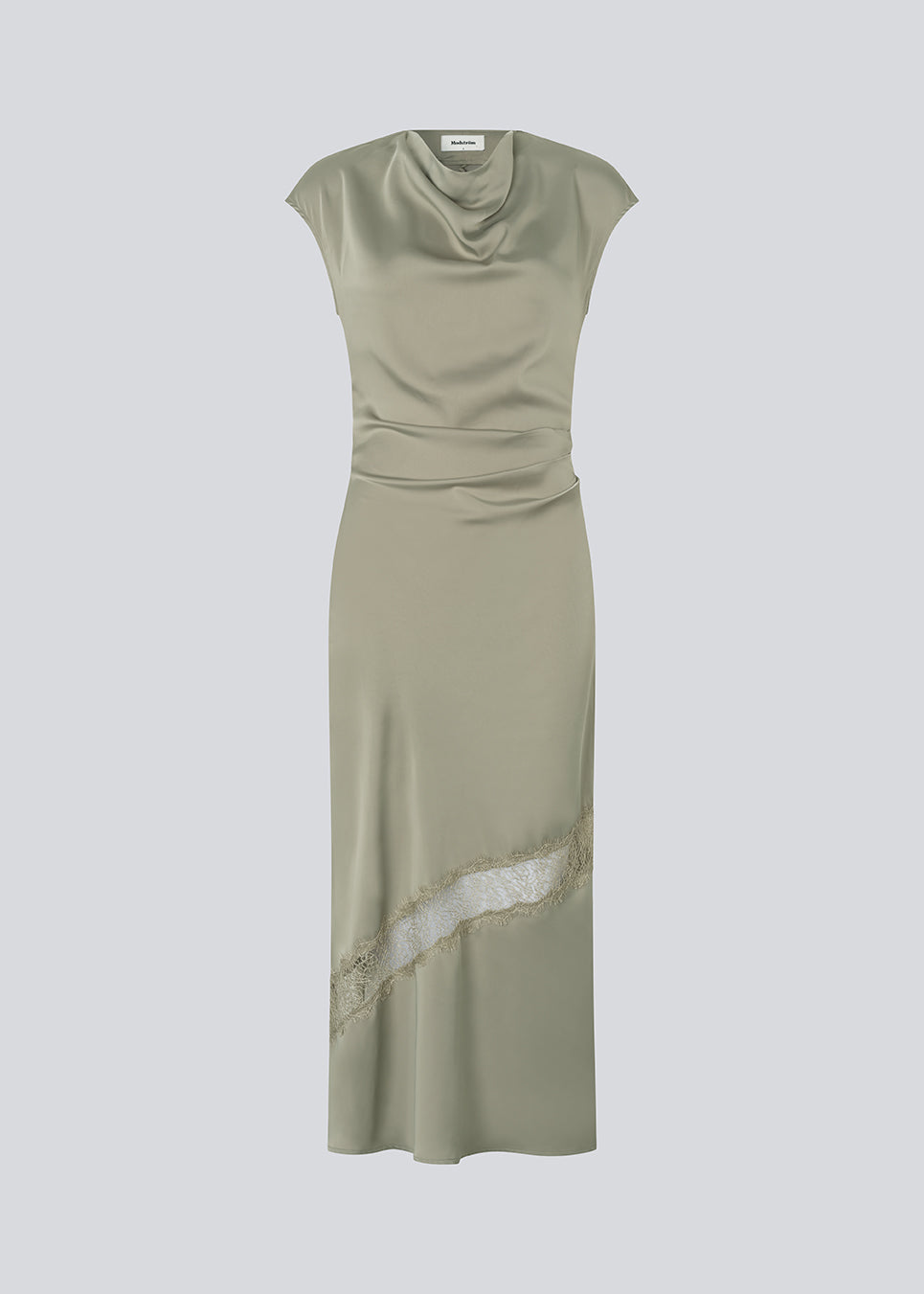 Long sleeveless satin dress with ruched detailing. The TailorMD Lace Dress features lace accents, a high neckline, an invisible back zipper, and a side slit. 