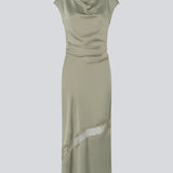 Long sleeveless satin dress with ruched detailing. The TailorMD Lace Dress features lace accents, a high neckline, an invisible back zipper, and a side slit. 