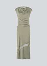 Long sleeveless satin dress with ruched detailing. The TailorMD Lace Dress features lace accents, a high neckline, an invisible back zipper, and a side slit. 