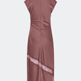 Sleeveless satin maxi dress with a high draped neckline, gathered side detail and diagonal lace panel. Finished with a concealed back zip and side slit. Wear it with slim heels or layer the matching Tailor cape over the shoulders.