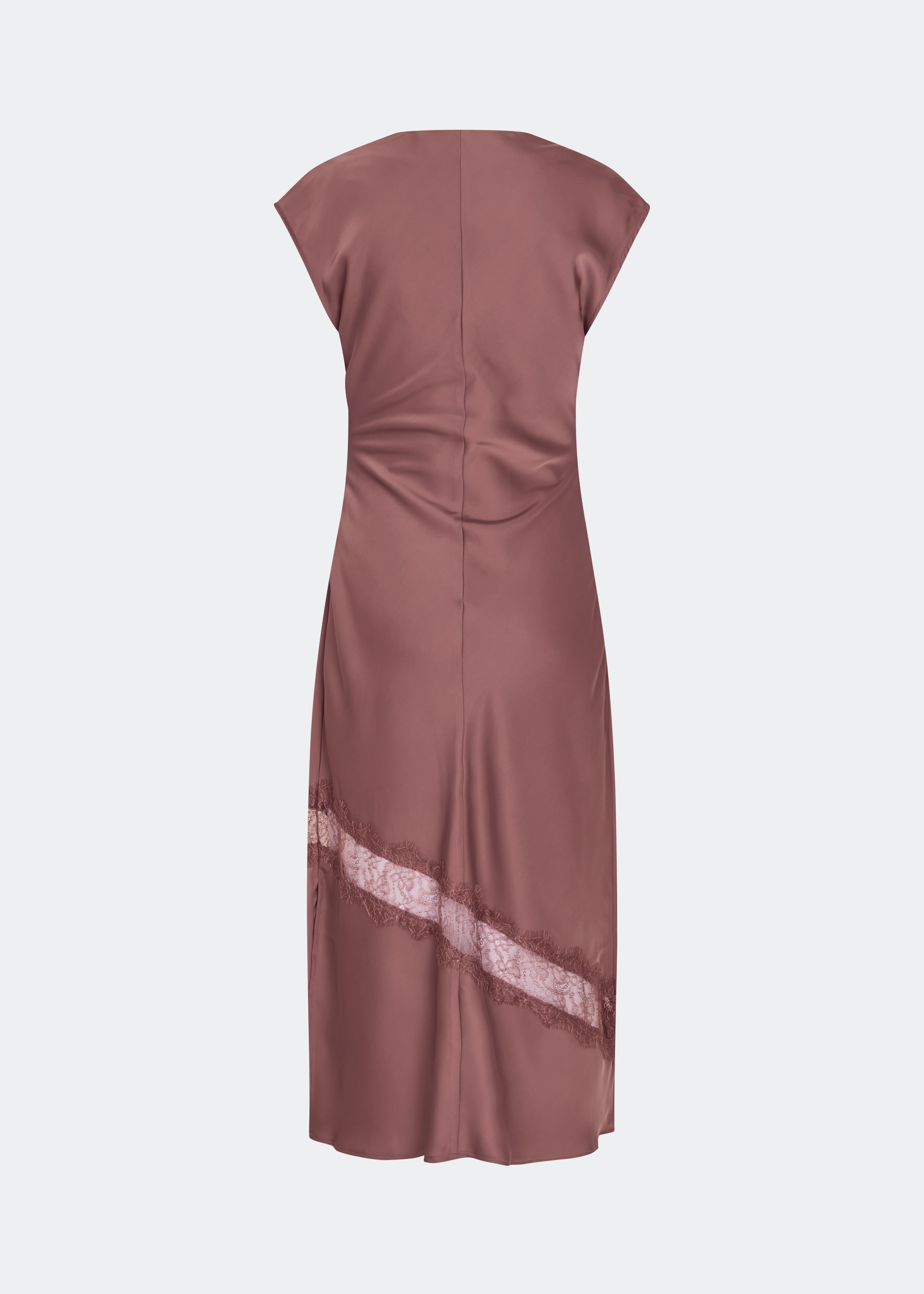 Sleeveless satin maxi dress with a high draped neckline, gathered side detail and diagonal lace panel. Finished with a concealed back zip and side slit. Wear it with slim heels or layer the matching Tailor cape over the shoulders.